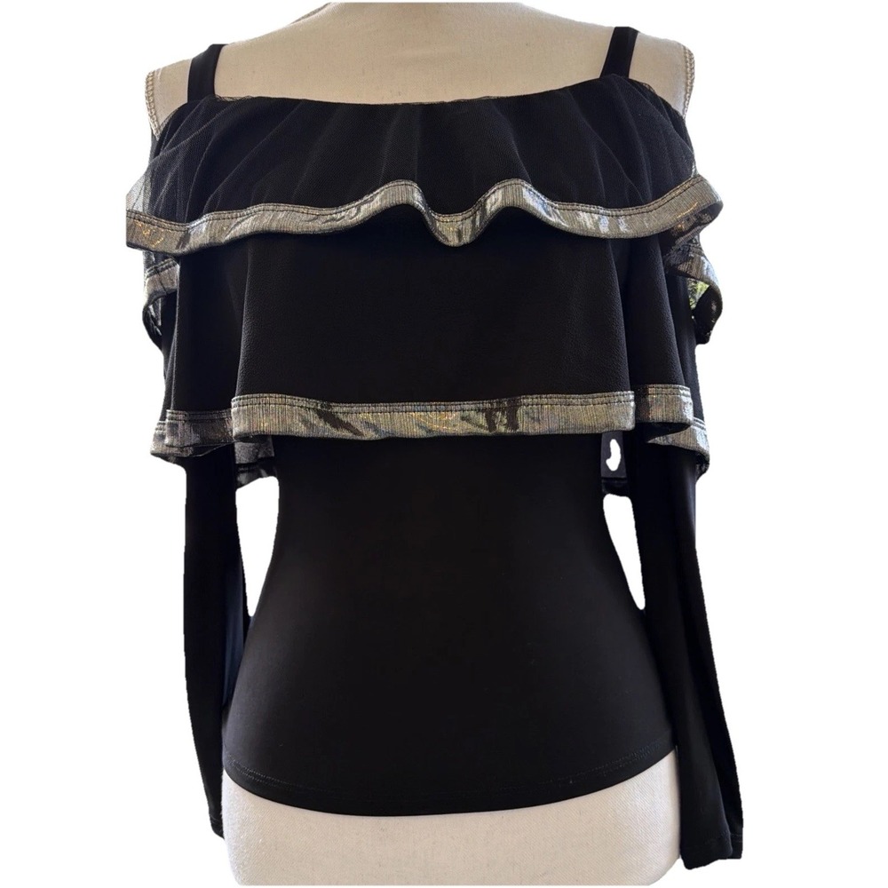 Coquette Ruffle Trendy off /Cold shoulder blouse Black Stretch Long sleeve M